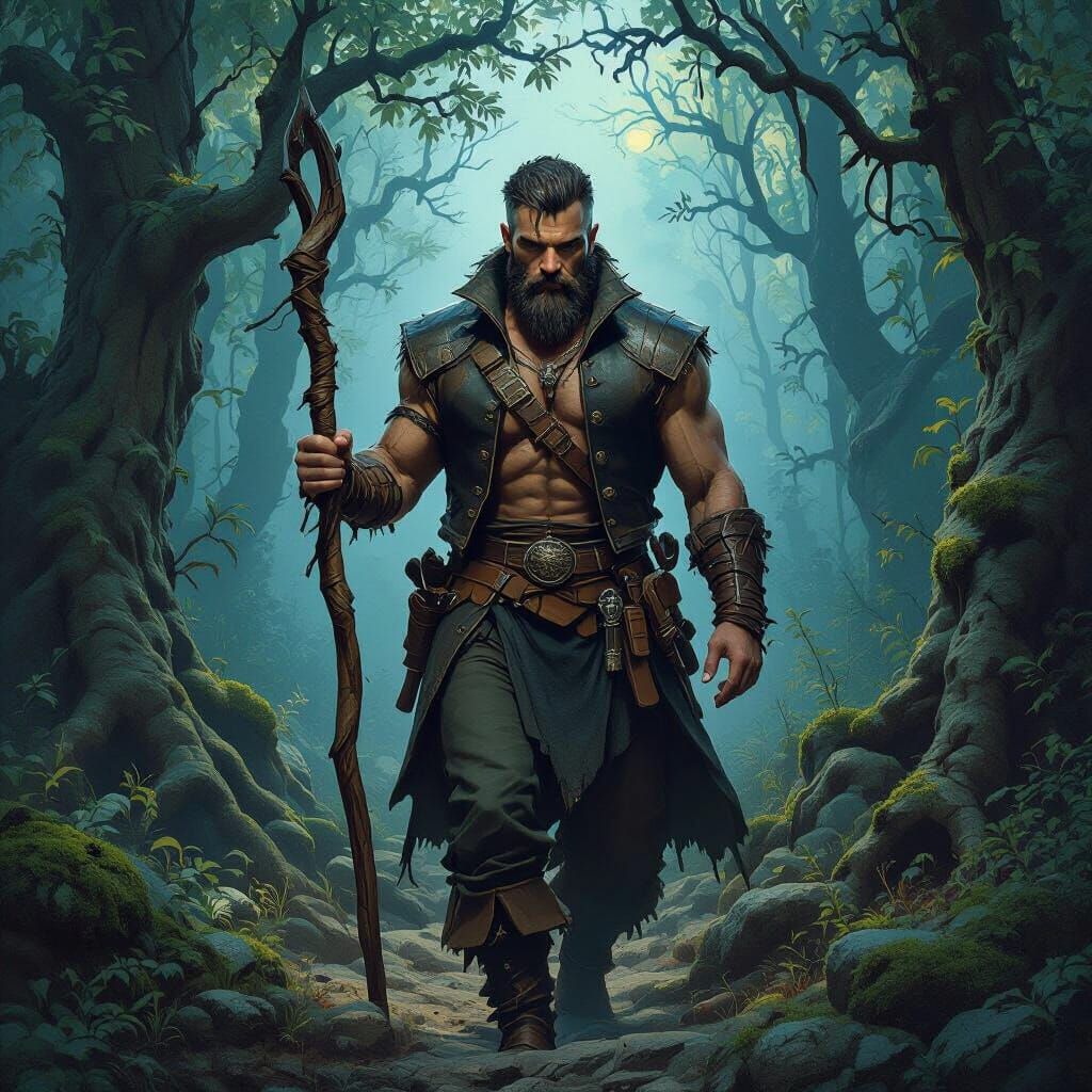 Heroic Forest Trek at Twilight in Fantasy Art Style