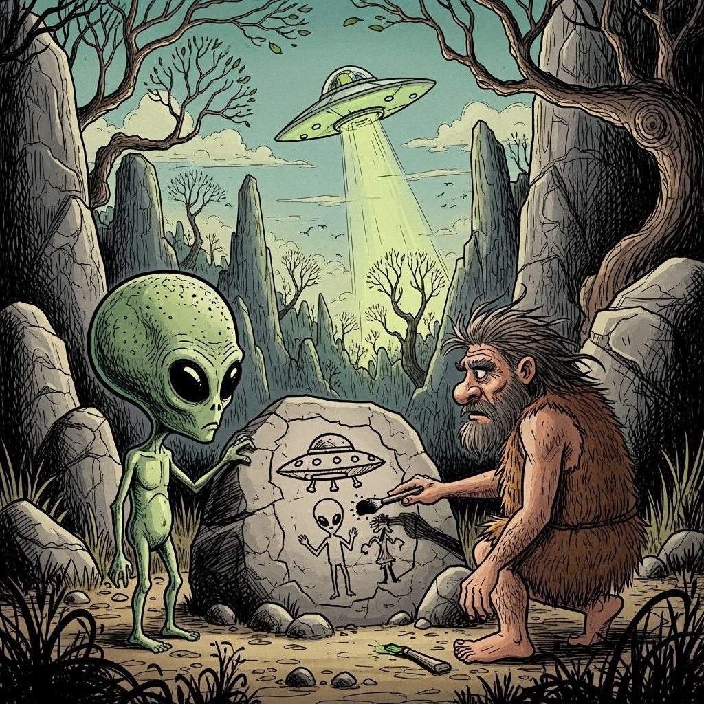 Imagine a scene in which an alien has descended from a Flying Saucer UFO and is making first contact with a primitive Ne...