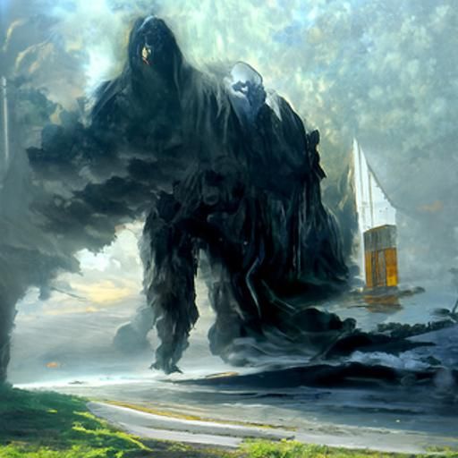 Surreal Storm Giant Emerges from Ominous Fog in Oil Painting
