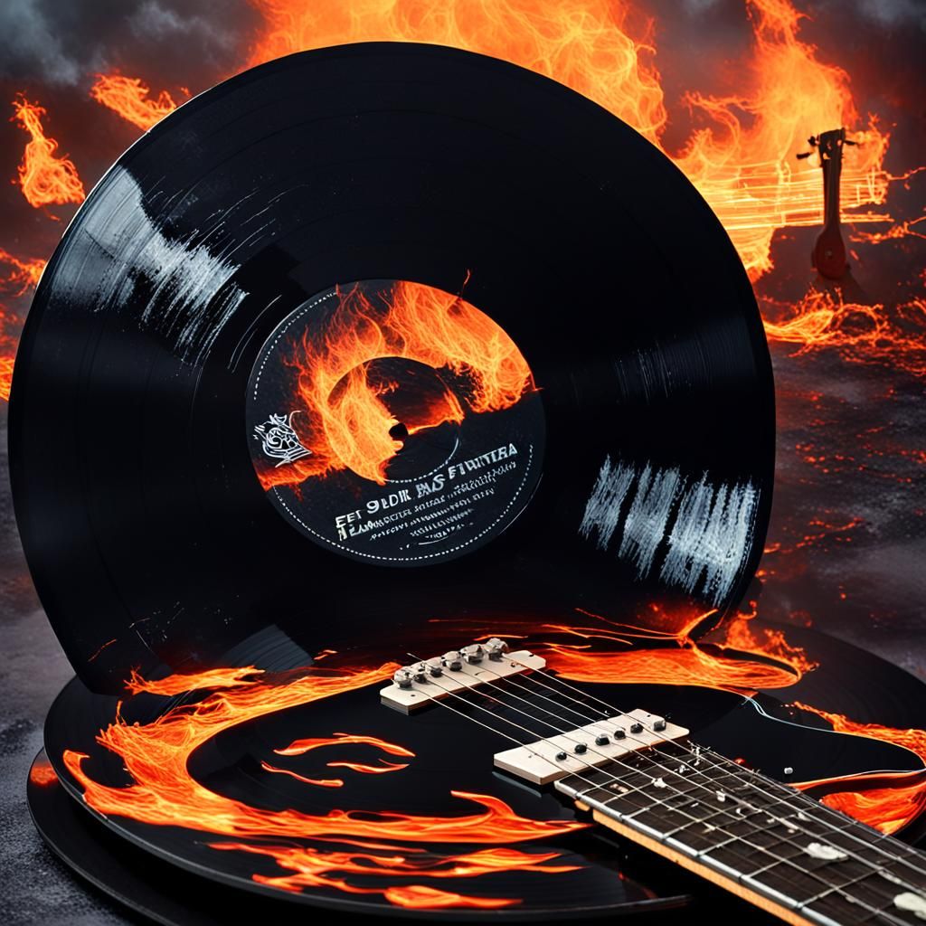 Surreal Dark Fantasy Scene with Blazing Vinyl Record