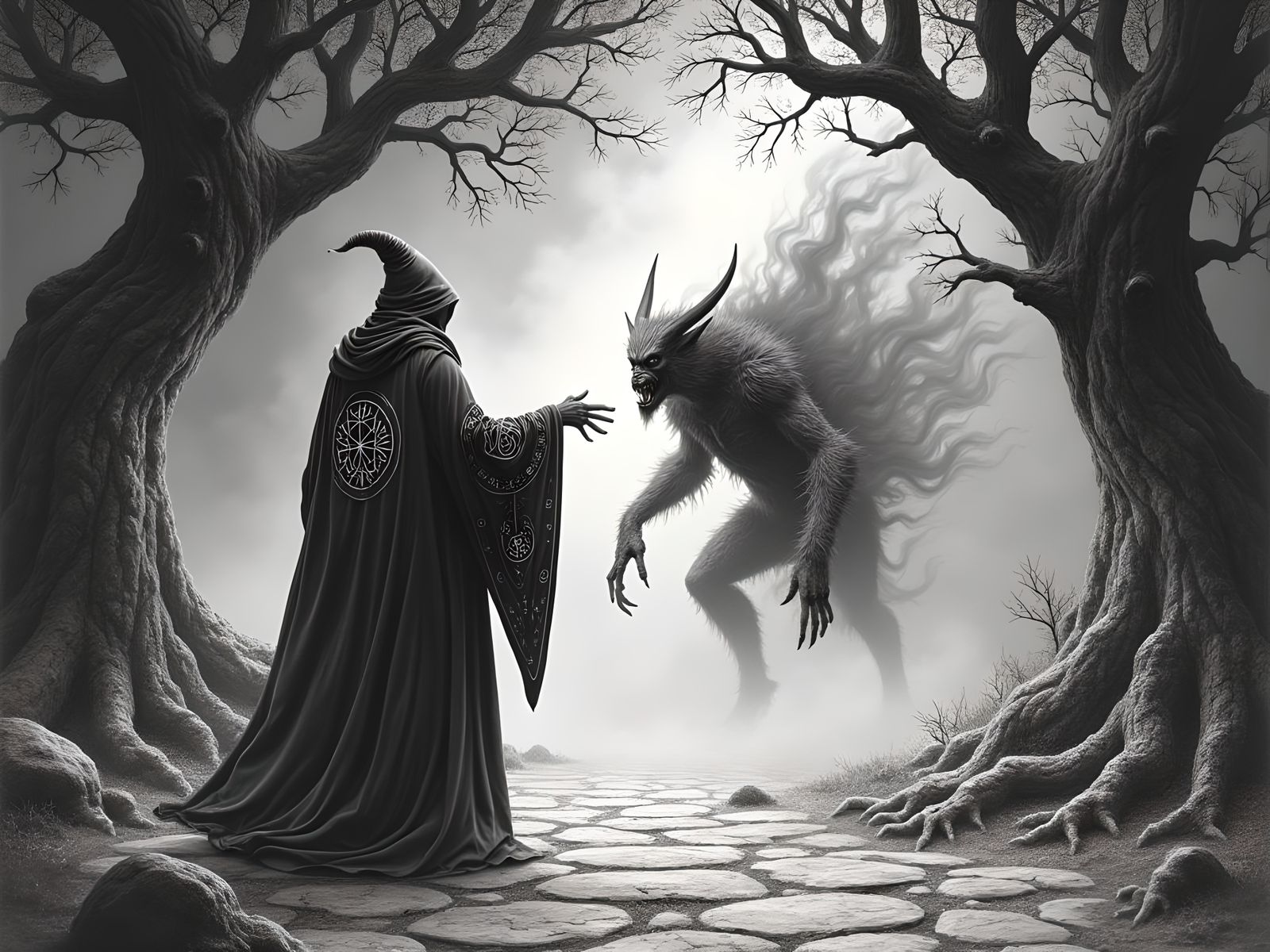 A Wizard Summoning a Dark Entity in a Mysterious Stone Circl...