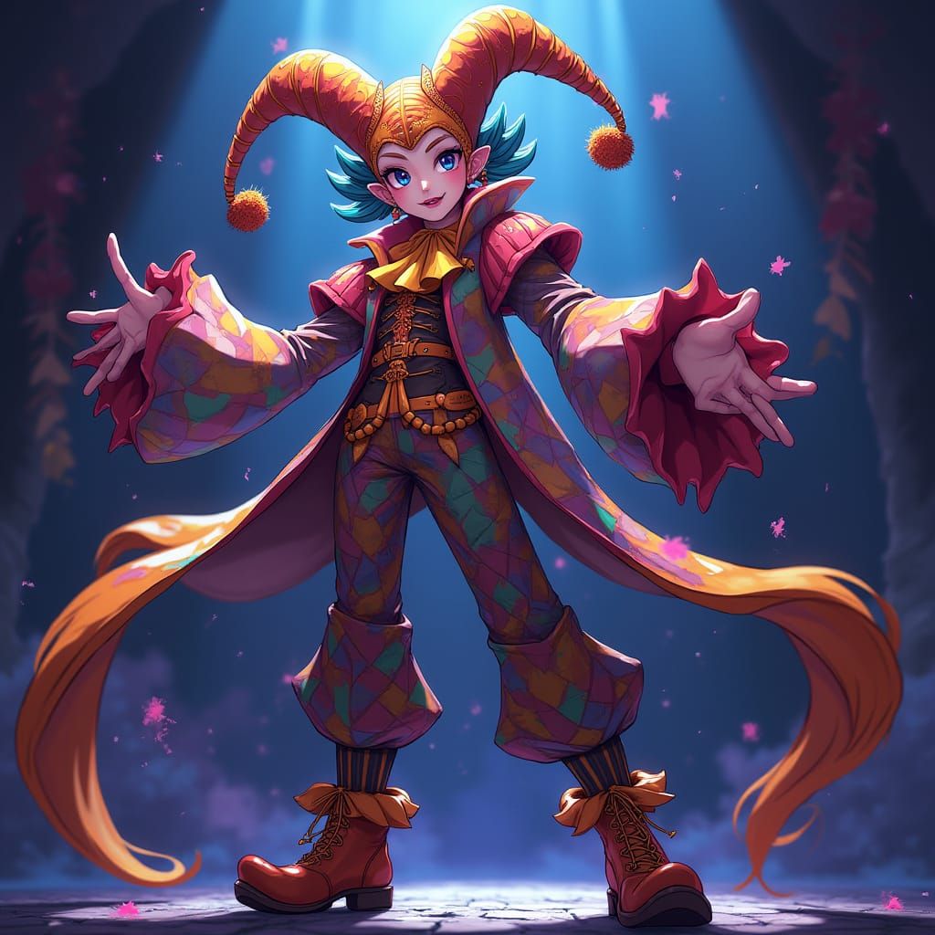 Vibrant Jester in Anime-Inspired 2D Style