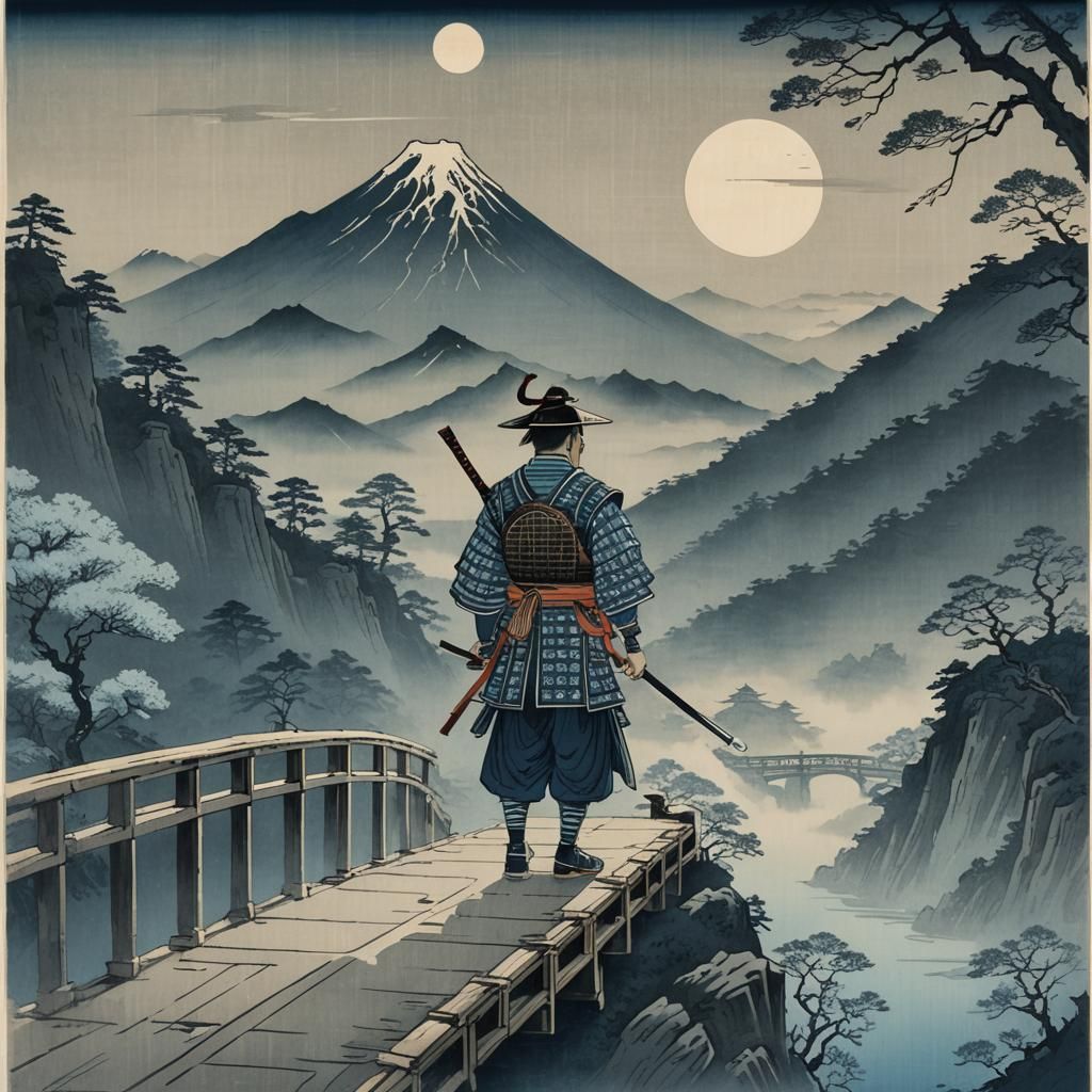 Moonlit Samurai on a Traditional Japanese Bridge