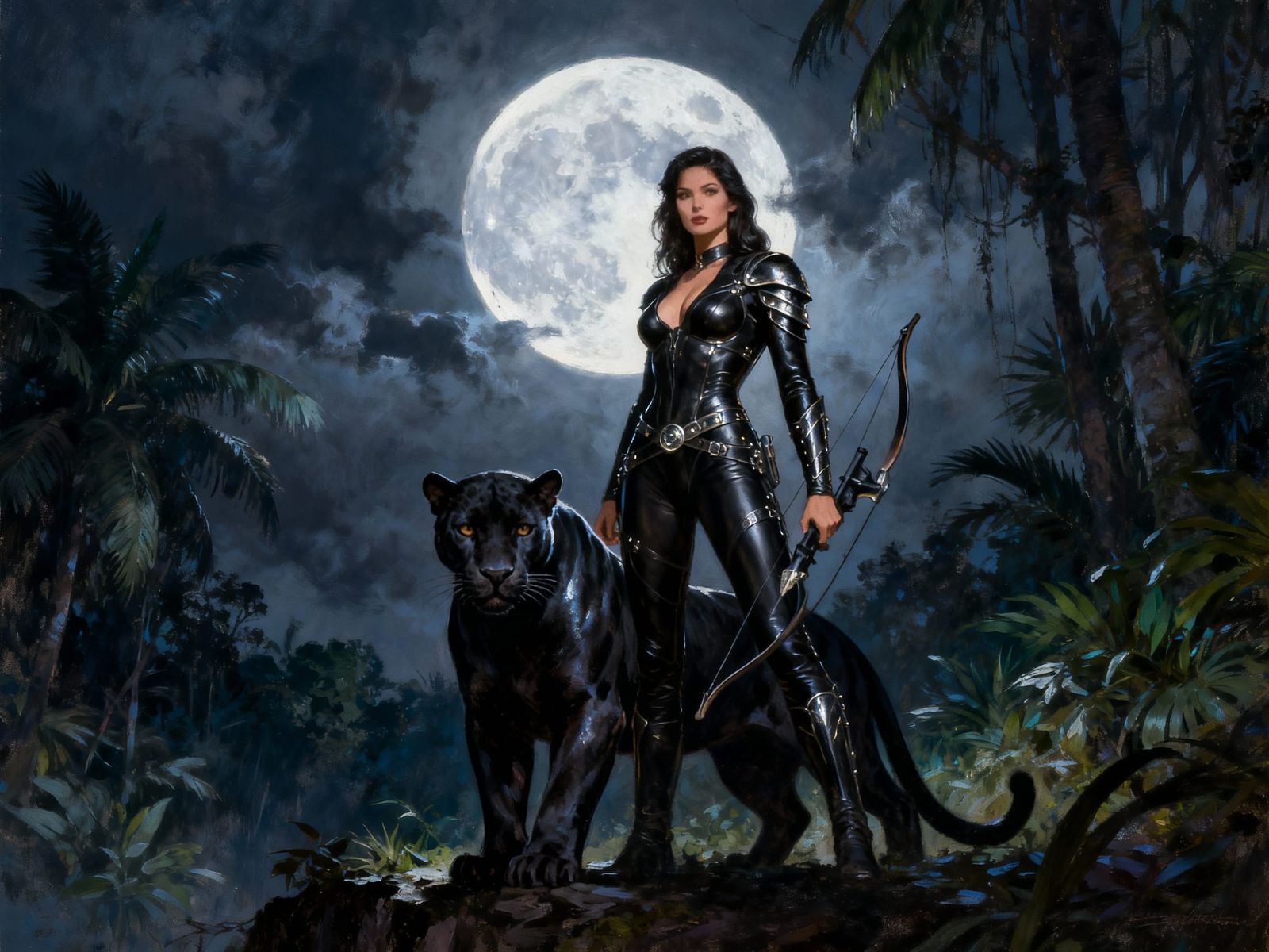 Warrior with Crossbow and Black Panther in Moonlight Forest