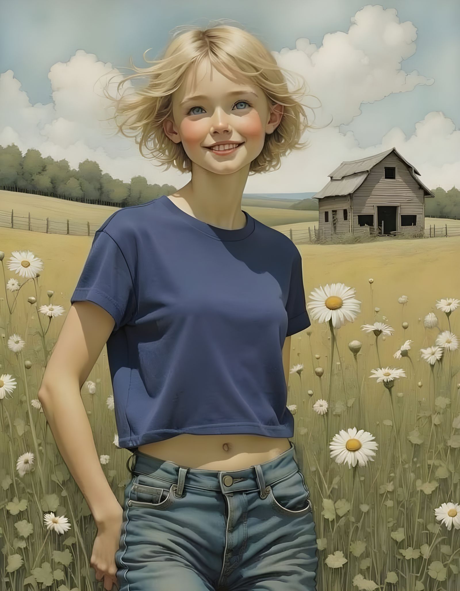 Woman in Jeans and Linen Top in Tall Grass Field