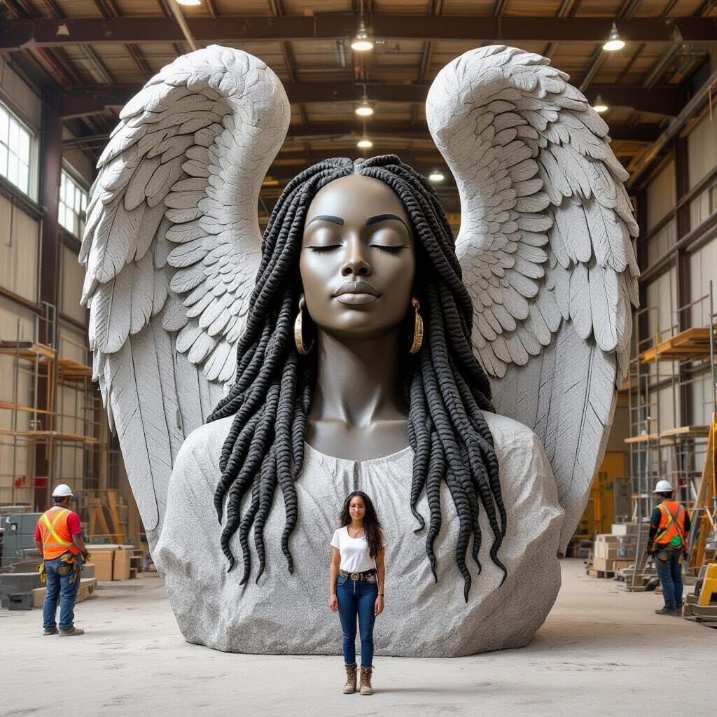 Monumental Stone Angel Sculpture in Workshop