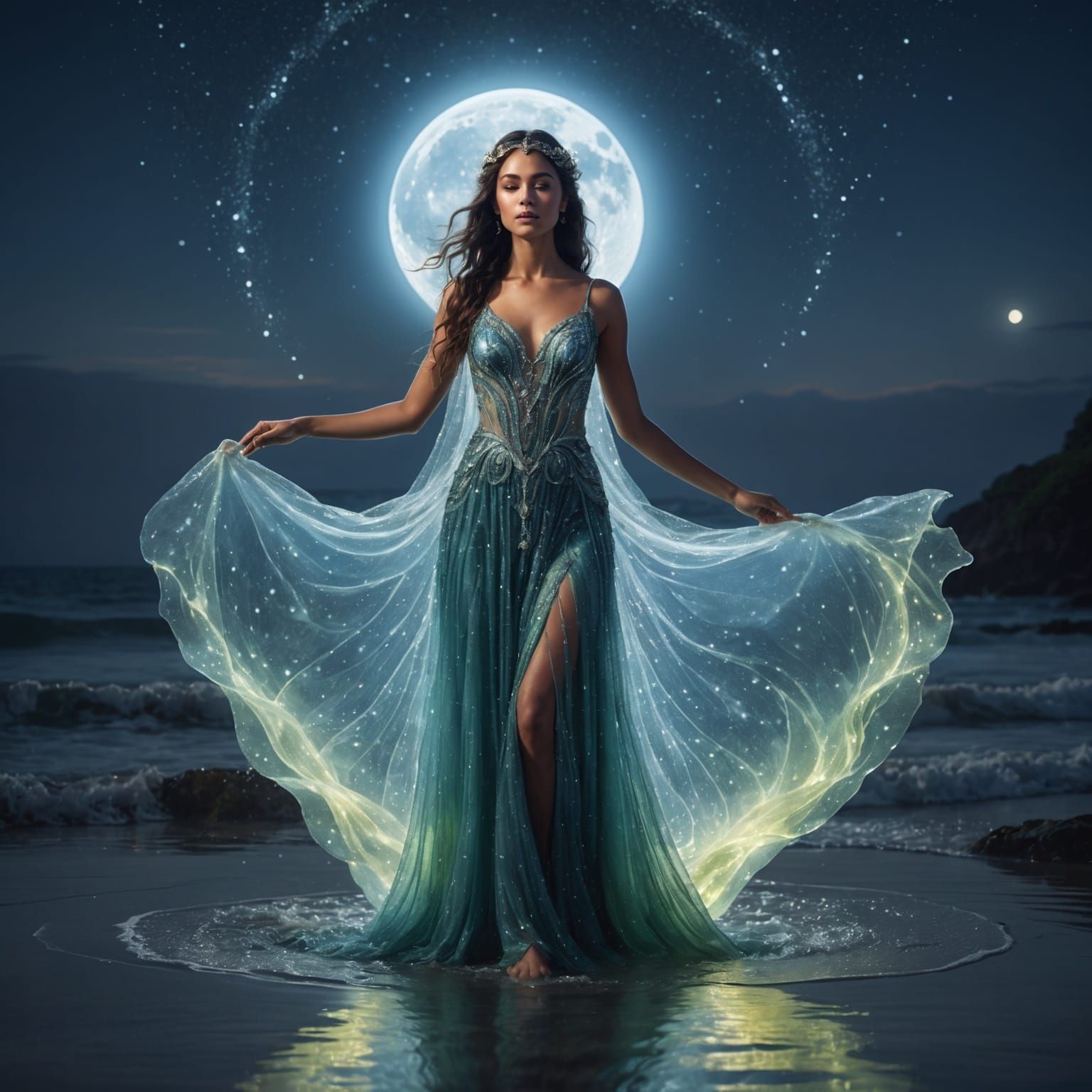 Mystical Woman Sways in Luminous Waters with Fantasy Gown