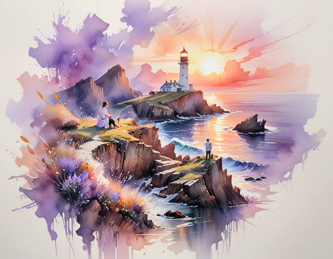 Expressive Watercolor Lighthouse at Sunset