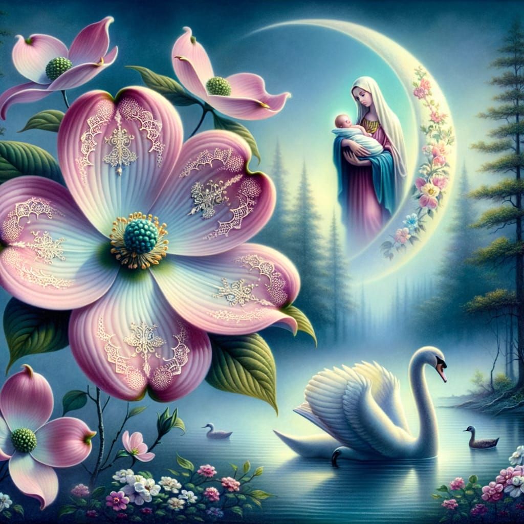 Ethereal Dogwood Blossom Blooms in Harmony with Serene Swan....