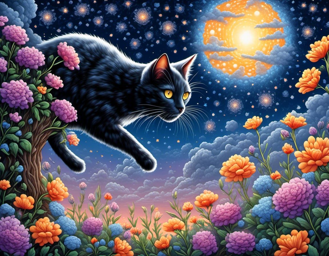 Stately Black Cat Admires Celestial Beauty Under Vibrant Sta...
