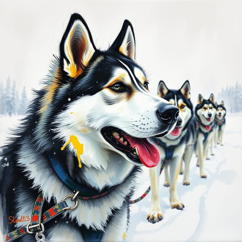 Majestic Husky Sled Dog in Snow as Impressionist Drawing