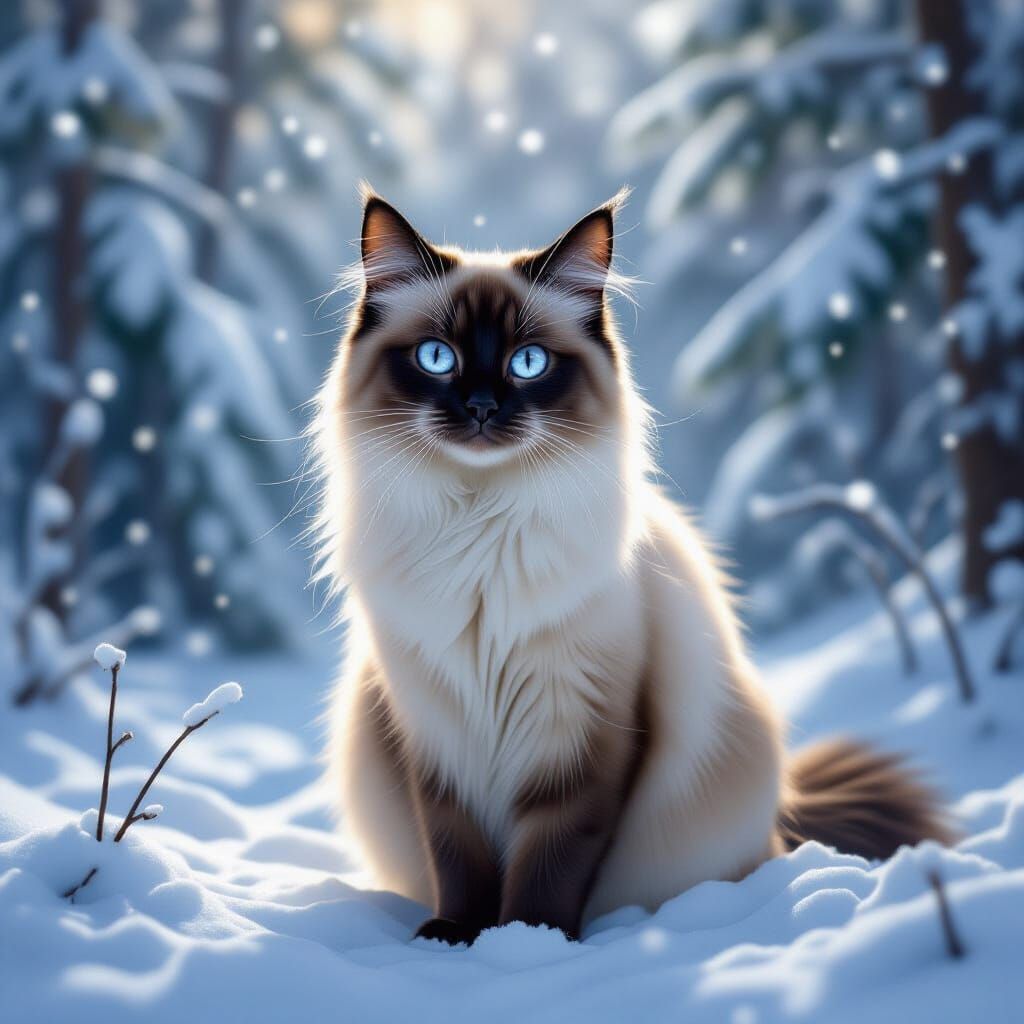 Siamese Cat in Snowy Forest: Hyperrealistic Digital Art