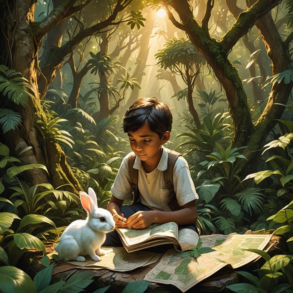 Boy and Rabbit Study Map in Jungle, Vibrant 3D Art