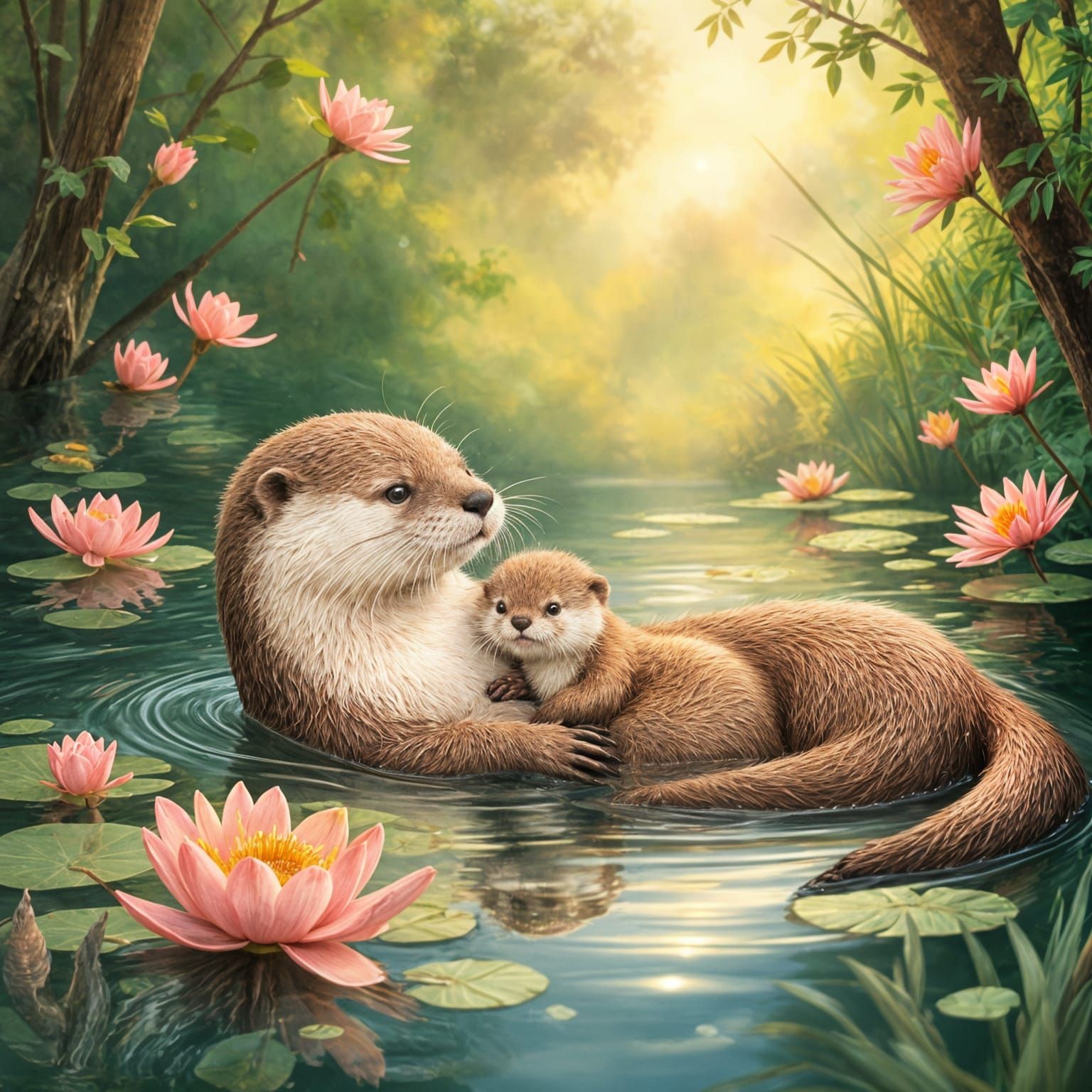 Otter Family Plays in Sunny River Scene