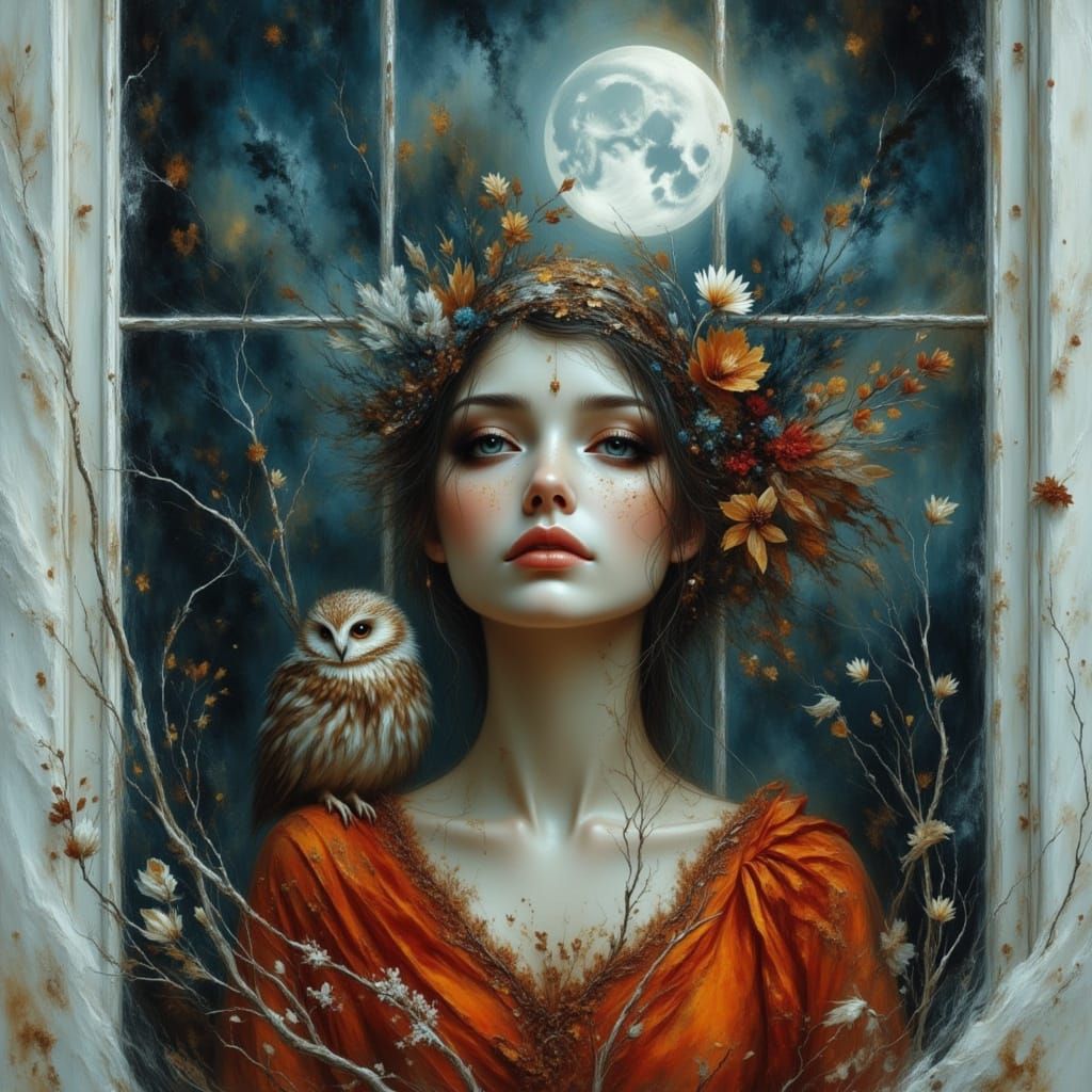 Eerie Moonlit Woman with Owl in Burtonesque Style