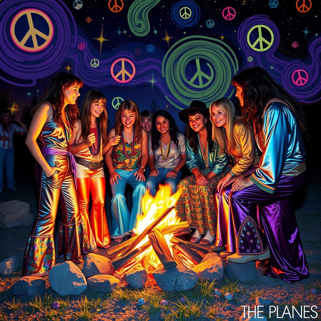 Hippies Gather Around a Vibrant 70s Campfire