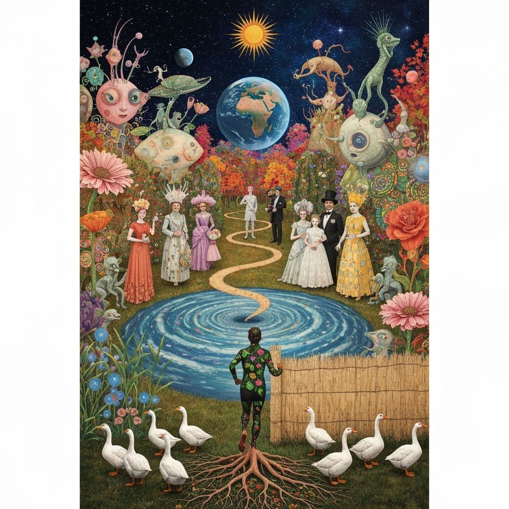 Surreal Earth View: Figure on Path to Cosmic Whirlpool