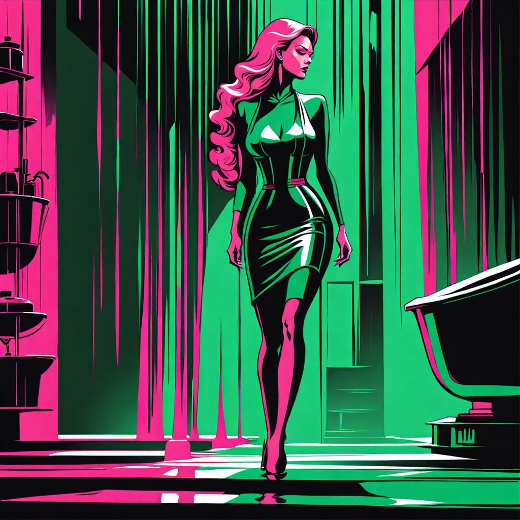 Surreal Woman in Emerald Green Shower Scene, in Cartoon Cubi...