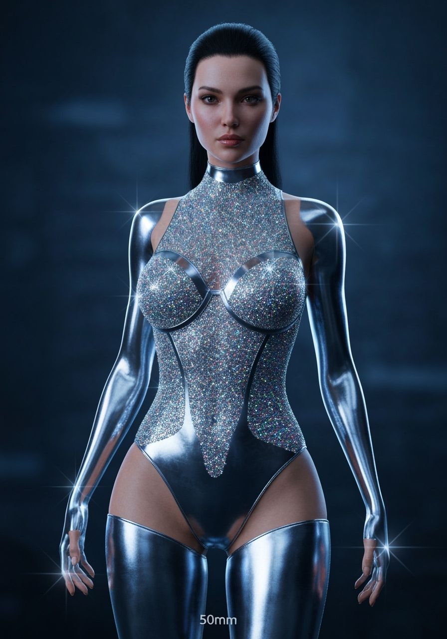Chrome Bodysuit Adorned with Sparkling Crystals