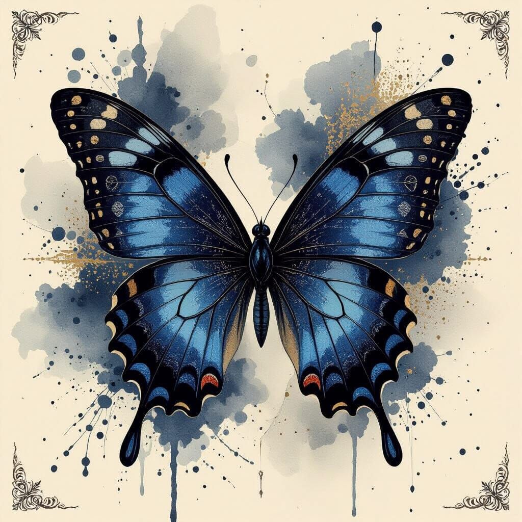 Gothic Art Deco Butterfly in Watercolor and Charcoal