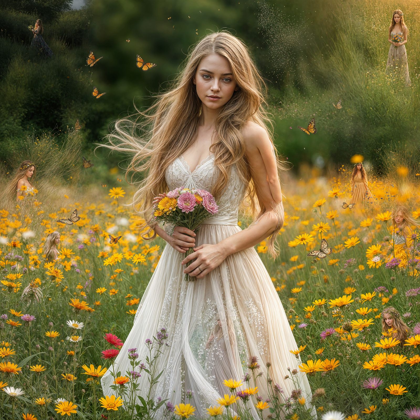 Woman in Wildflower Field with Butterflies