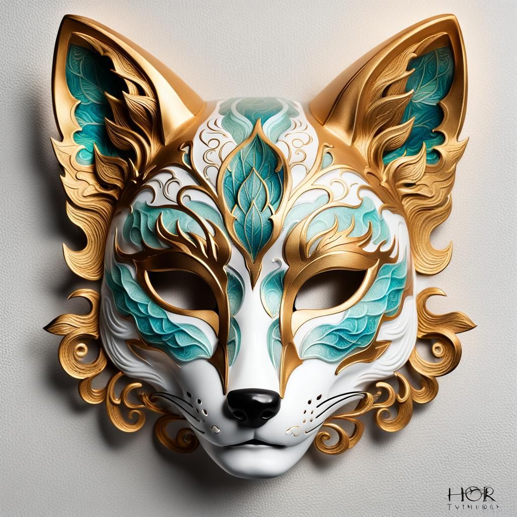 Gold/White/Teal Kitsune Mask