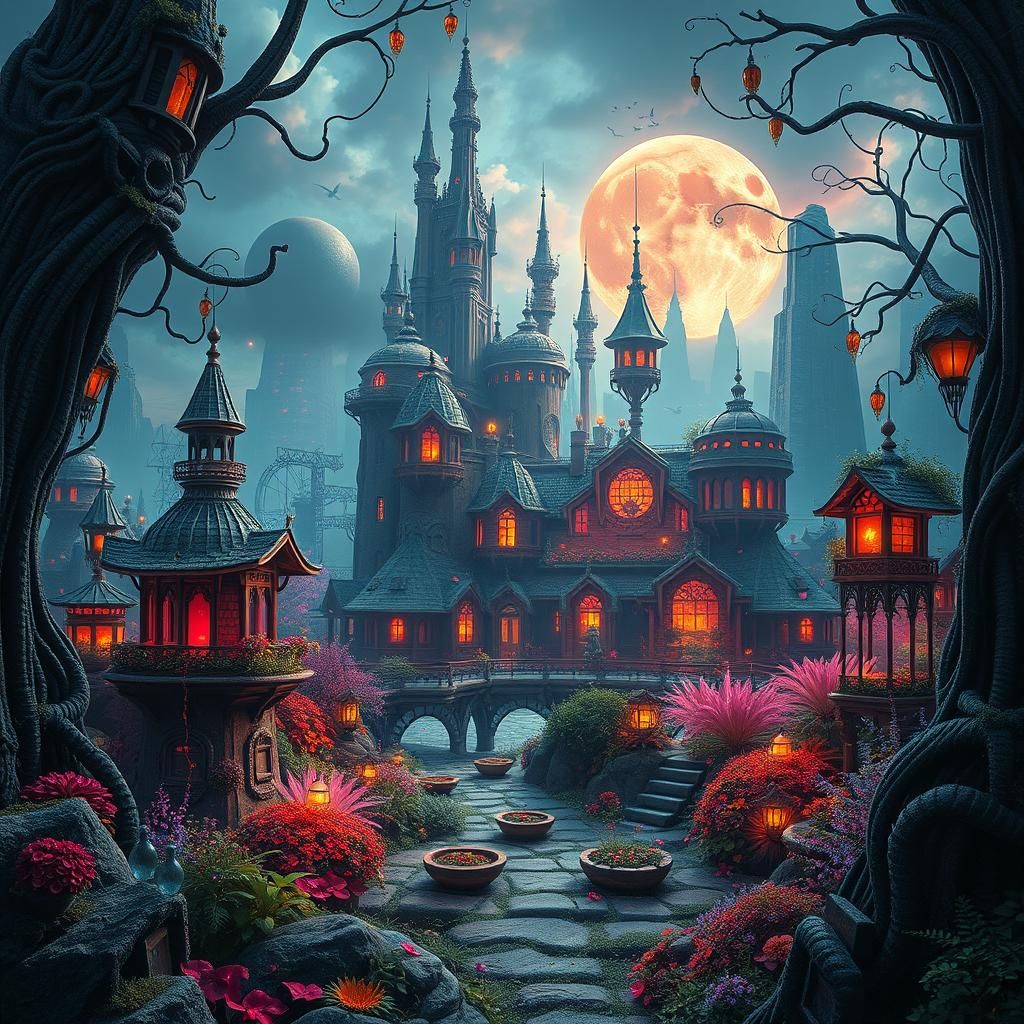 Cyberpunk Dreamscape with Whimsical Fairy Garden