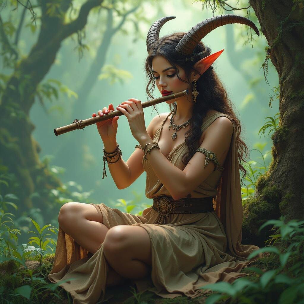 Female Satyr Playing Flute in Eerie Forest