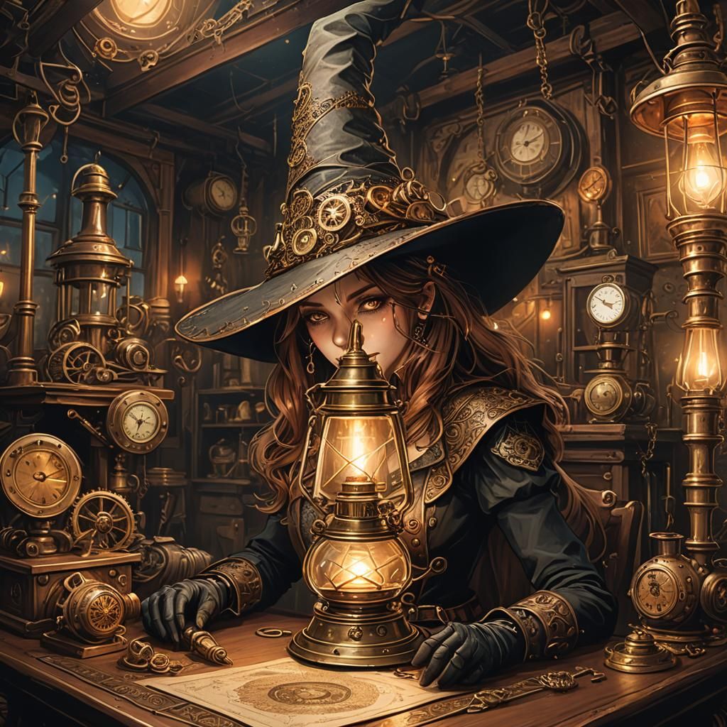Steampunk Witch's Hat on Cluttered Table in Dark Room