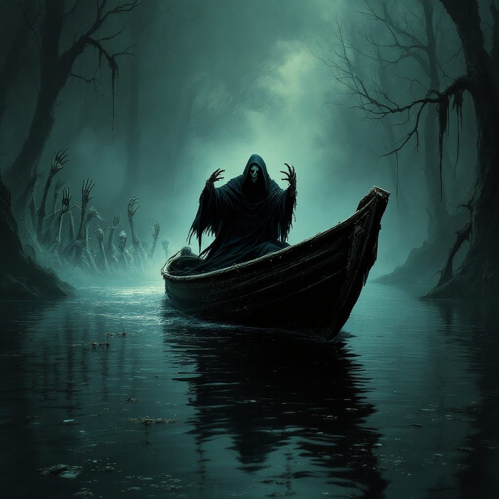Grim Reaper's Dark Oarsman on a Macabre Waterscape in Gothic...