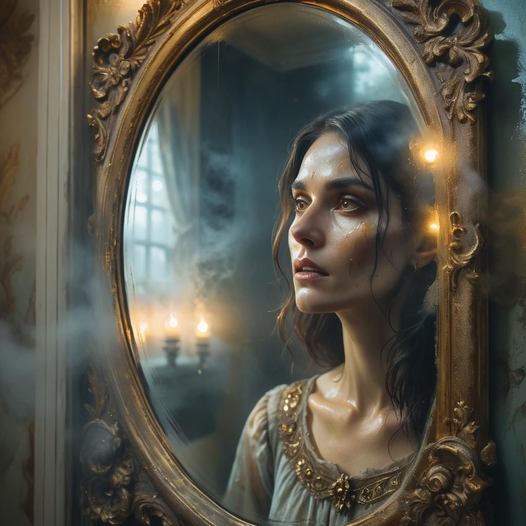 Ethereal Woman Manifests in Golden Bathroom Mirror