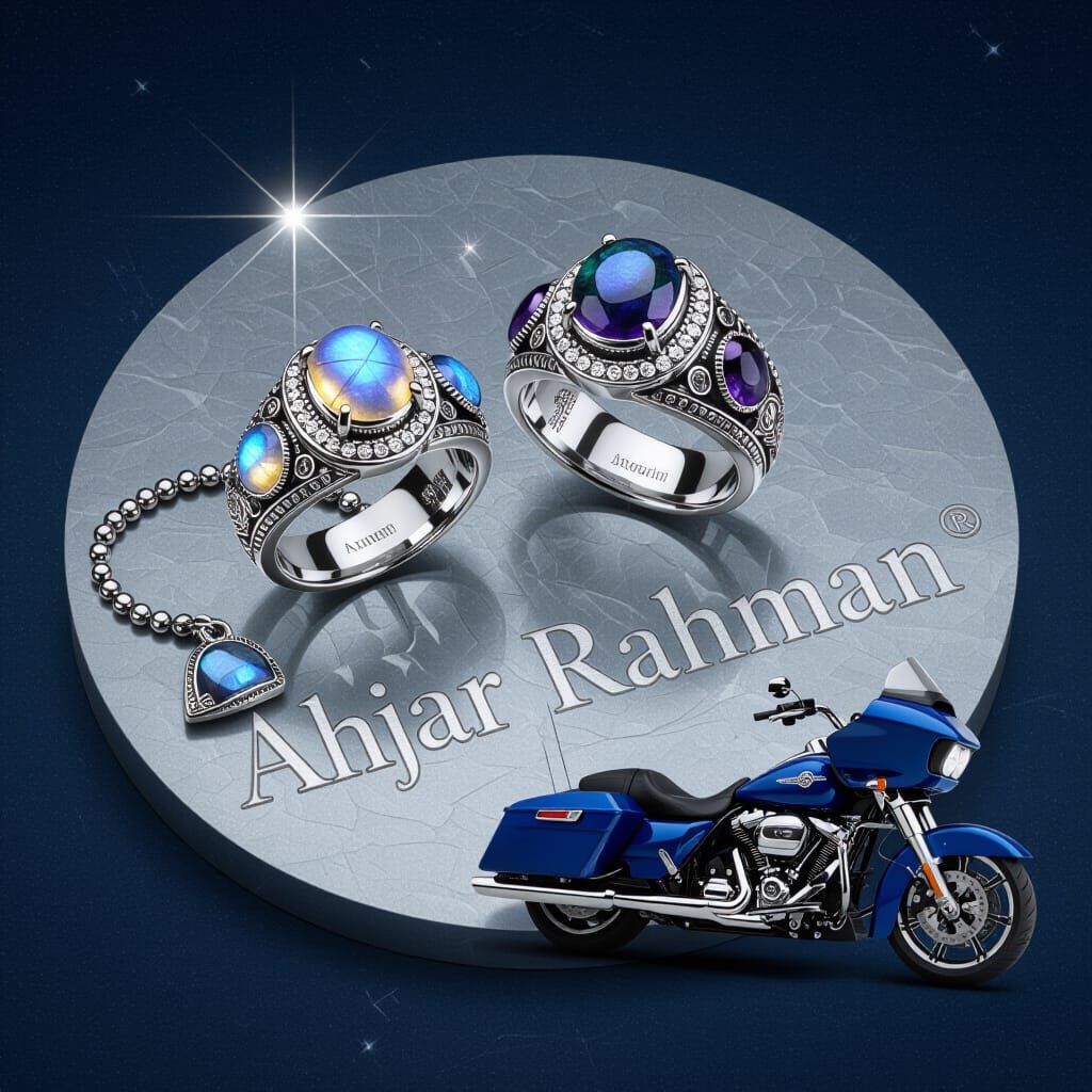 Luxurious "Ahjar Rahman" Logo with Silver Rings & Gemstones