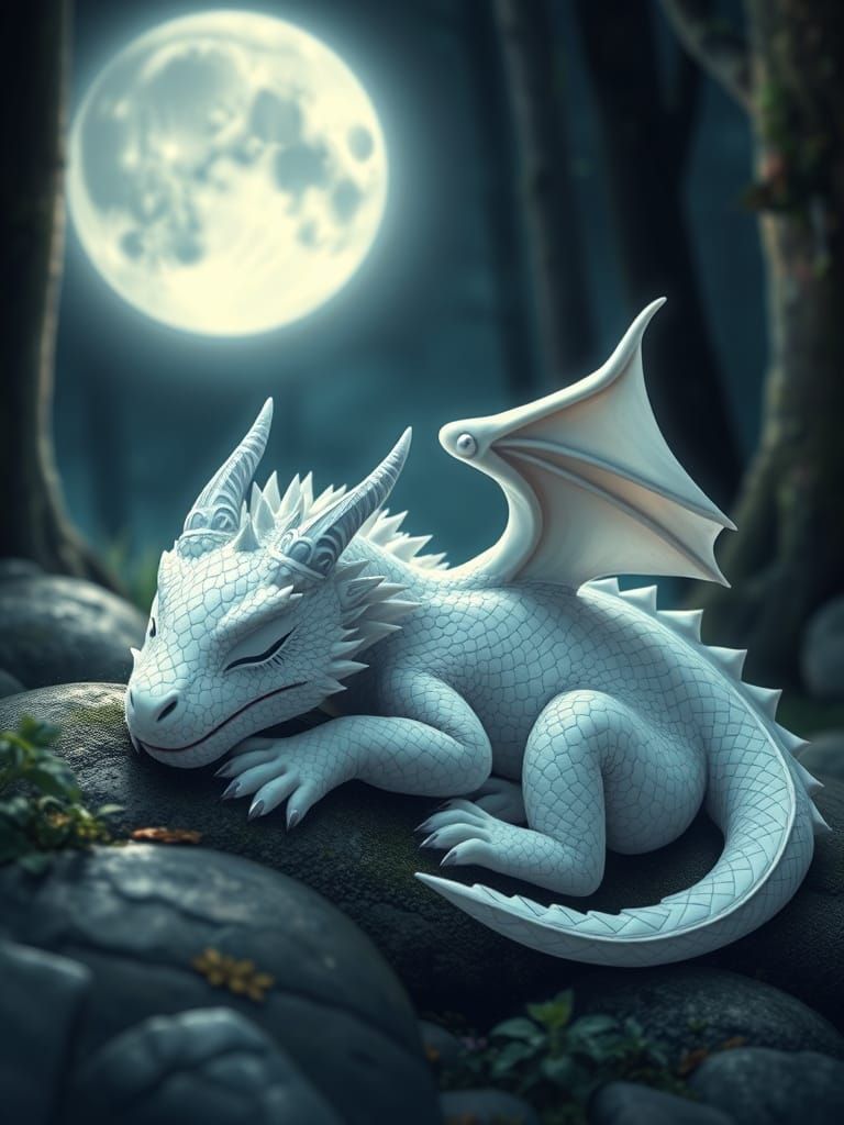 Cute White Dragon Slumbers Under Moonlight
