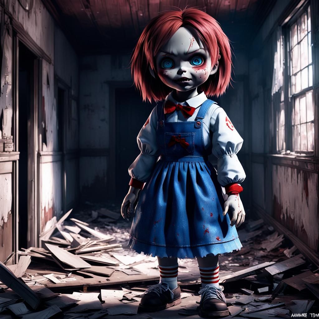 Cyberpunk Concept Art of Chucky Doll Girl in Abandoned Horro...