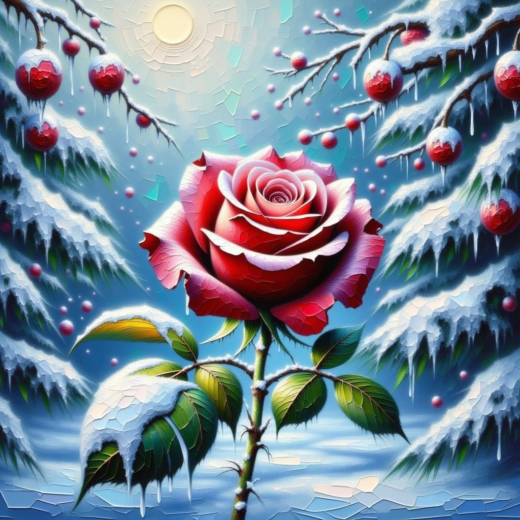 Winter Landscape with Vibrant Red Rose