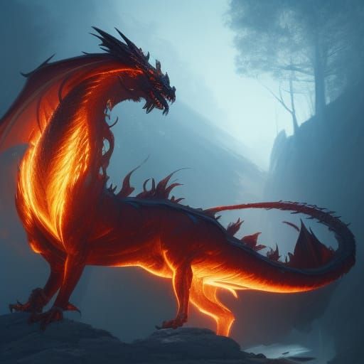 Majestic Fire Dragon in Dark Fantasy Art