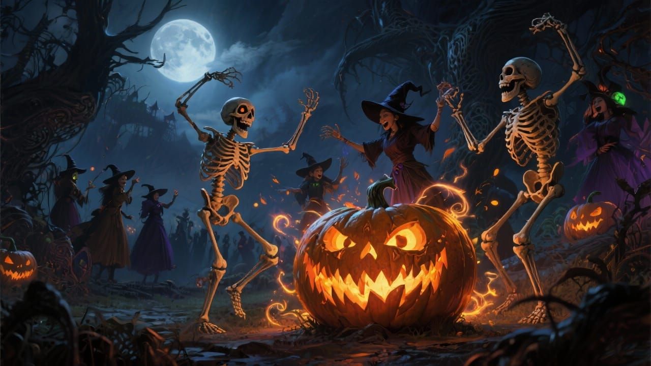 Skeleton Dance Around Evil Pumpkins on Halloween Night