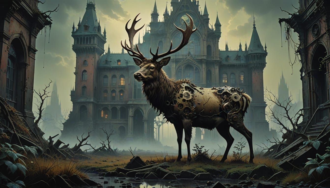 Clockwork Stag in Decaying Cityscape: Surreal Art