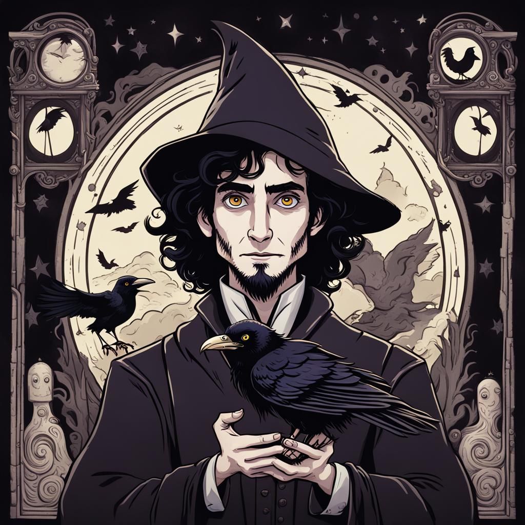 Mysterious Wizard Surrounded by Cartoony Ravens, in a Dark a...