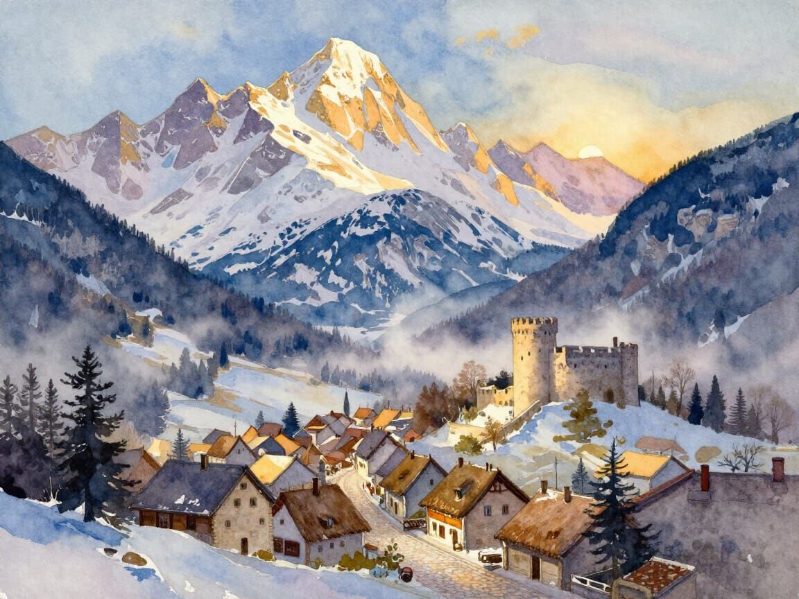 Watercolor Painting of Snow-Capped Mountains Over Medieval V...
