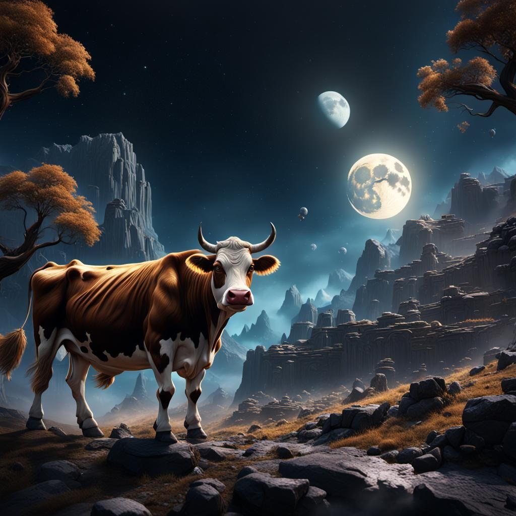 Ethereal Cow Leaps Over Celestial Body in Vibrant Fantasy La...