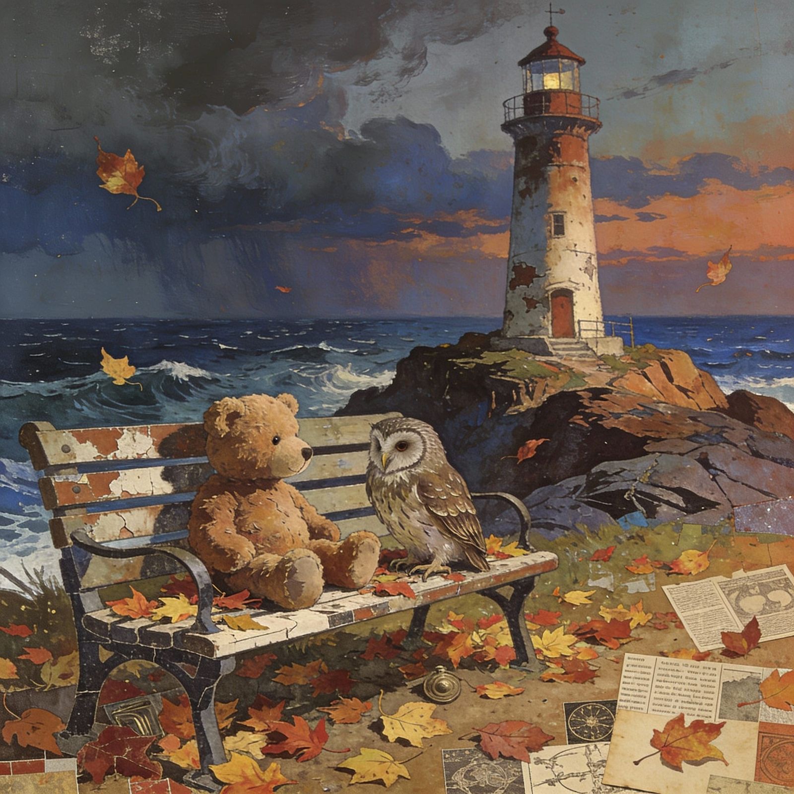 Child's Teddy Bear and Owl in Autumn Park