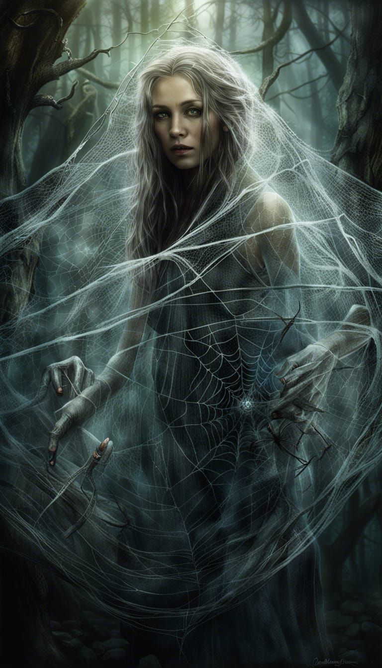 Hyperrealistic Ethereal Forest Scene with Delicate Spider Si...