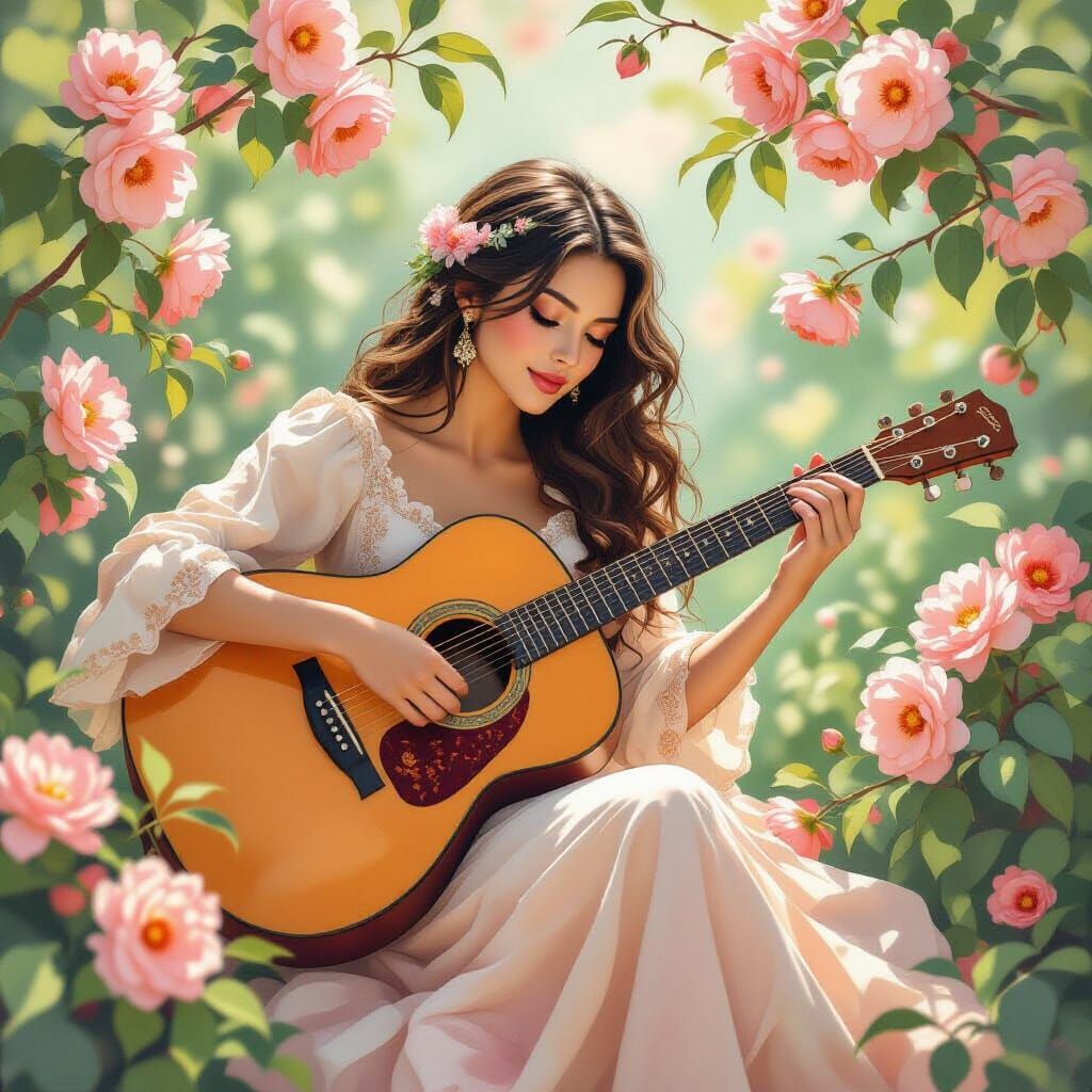 Woman Plays Guitar Among Peach Blossoms in Art Nouveau Style