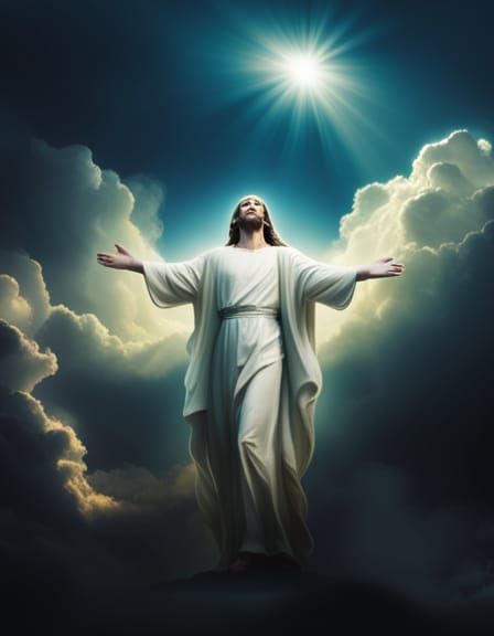 Jesus Christ in all his glory returning to earth with 100,000 angels, heavenly sunshine beams divine bright soft focus h...