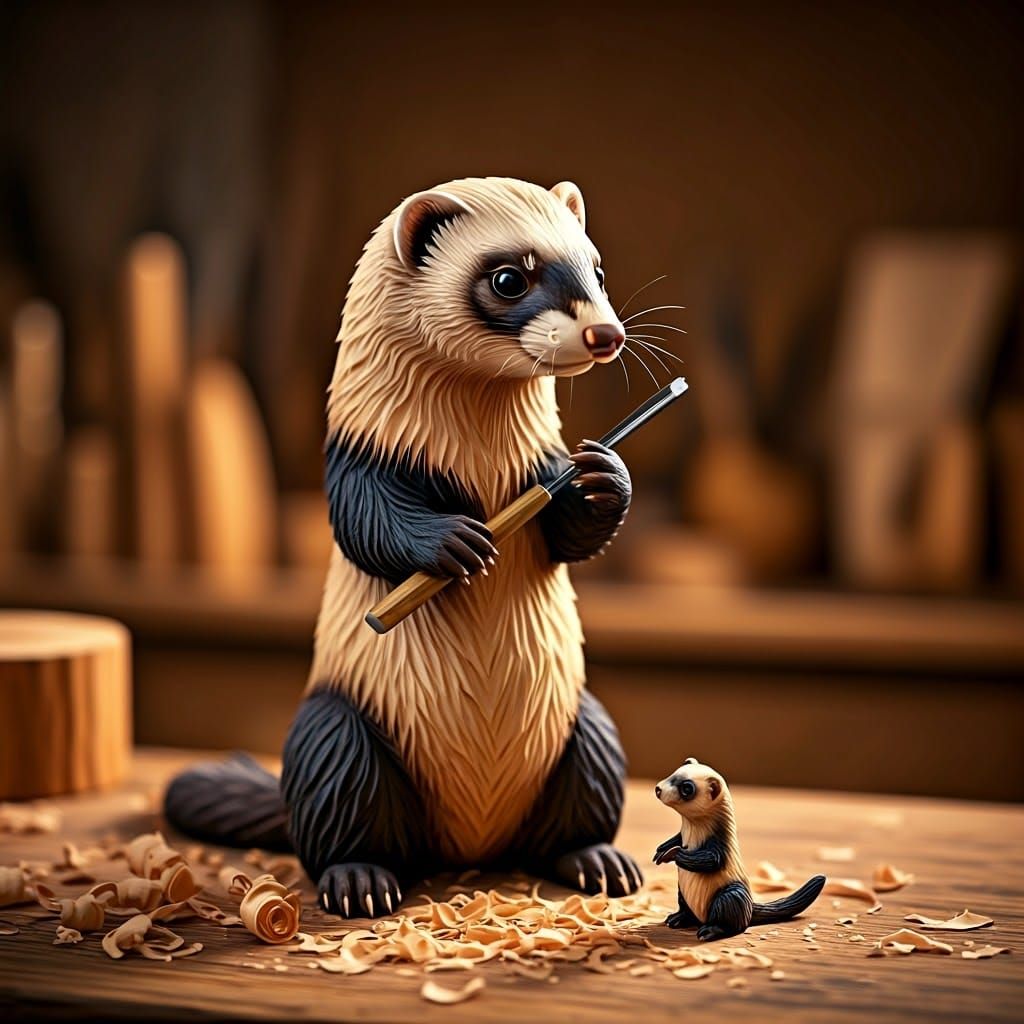 Wooden Ferret Carving a Smaller Ferret Sculpture