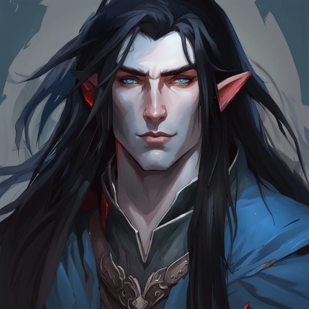 Vibrant Blue-Fleshed Elf Warrior in Tattered Tunic