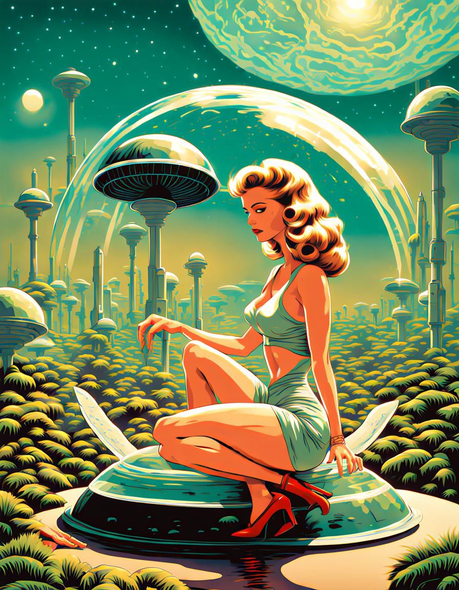 Retro Futurist Goddess Tending Alien Garden in Dome City