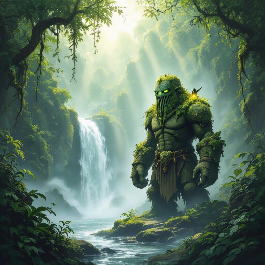 Mossy Golem Guards Mystical Waterfall in Enchanted Jungle