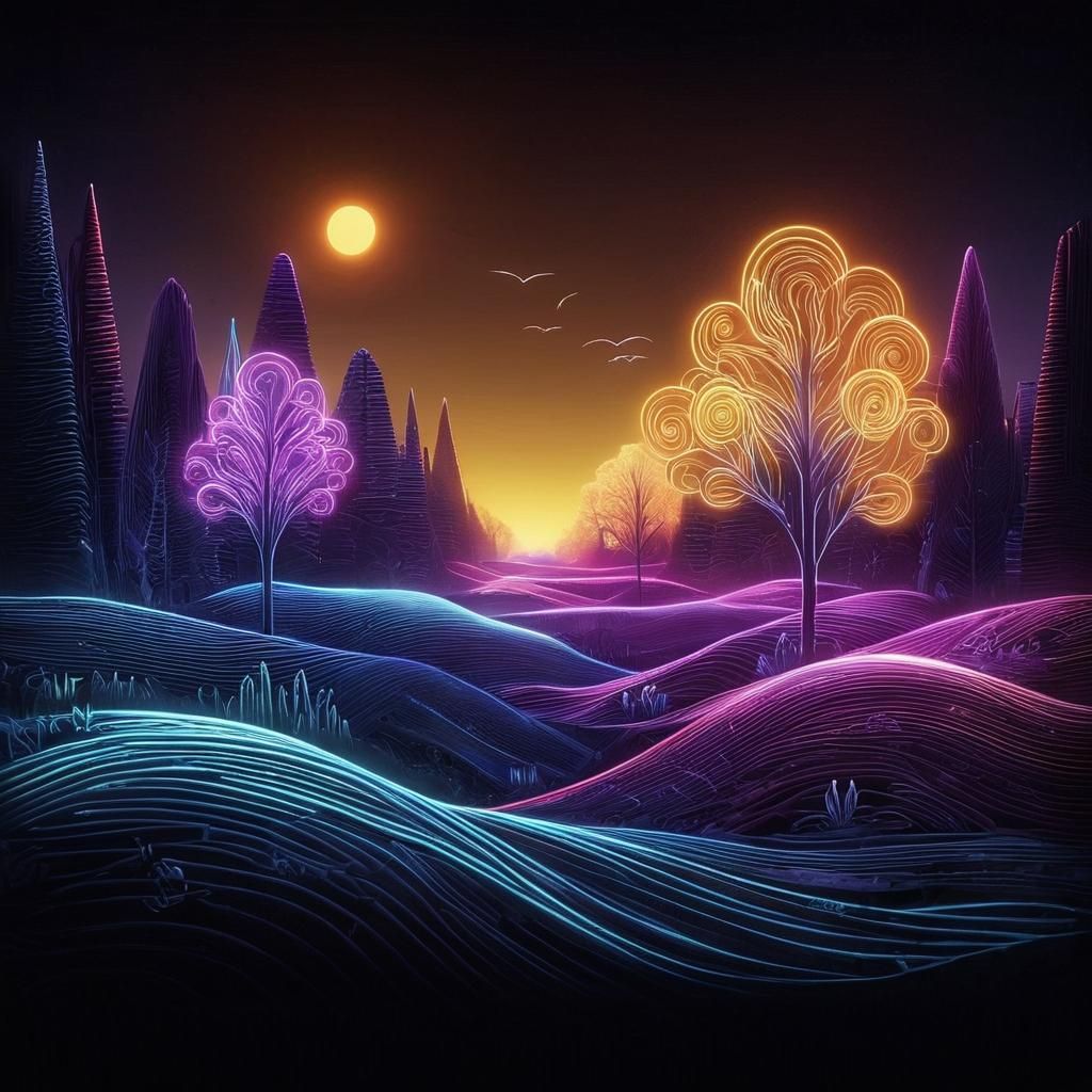 Glowing Neon Wires Form a Futuristic Landscape in Pastel Ton...